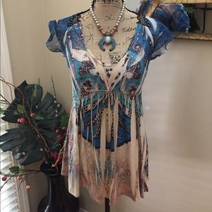Boston Proper babydoll style crochet accent top